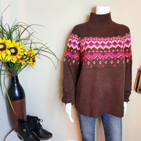Lou & Grey Brown and Pink Patterned Turtleneck Sweater - Picture 3 of 7